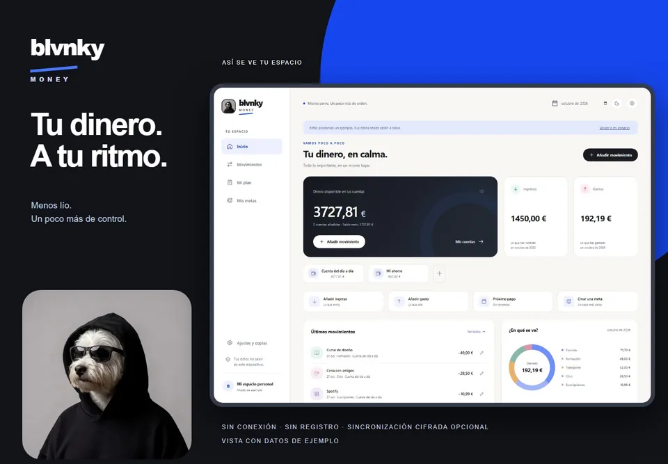 BLVNKY Money: interfaz con datos de ejemplo, identidad en negro y azul eléctrico
